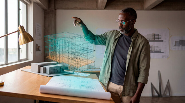 Skilled Architect Analyzing Holographic Node in Studio