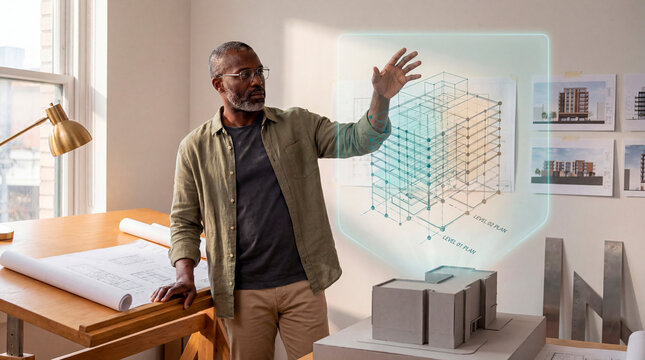 Attentive Architect Examining Holographic Node in Studio