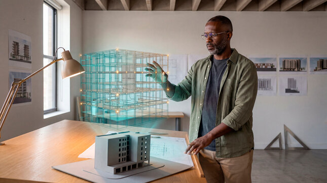 Confident Architect Reviewing Holographic Building Model