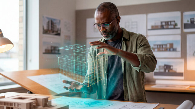 Skilled Architect Manipulating Holographic Wireframe Model