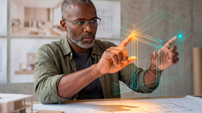 Engaged Architect Holding Holographic Building Wireframe
