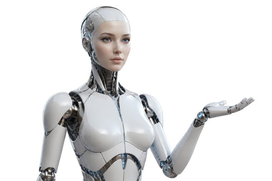 Futuristic female humanoid robot with outstretched hand
