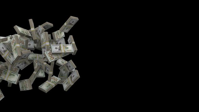 3D Animation of Rolling 100 US Dollar Banknote Stacks Moving Across Black Background