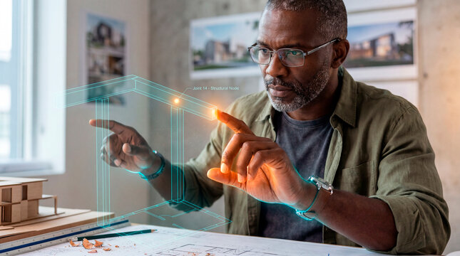 Determined Architect Interacting with Holographic Wireframe