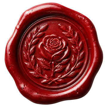 Glossy red wax seal with rose emblem and laurel leaves antique decorative stamp for invitations letters and envelopes isolated on a transparent background