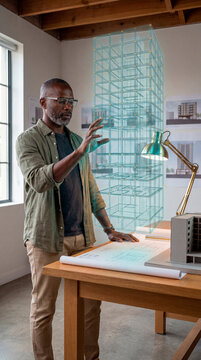 Attentive Architect Examining Holographic Structural Node