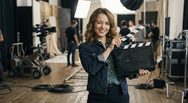 Smiling young actress holding a blank clapperboard on a movie set. Female actor winking behind the scenes of a film production