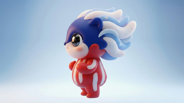 Cute mascot character with blue and white hair wearing red outfit standing against soft gradient background