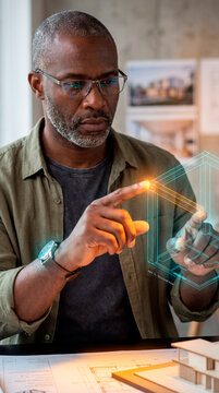 Determined Architect Analyzing Holographic Structural Node