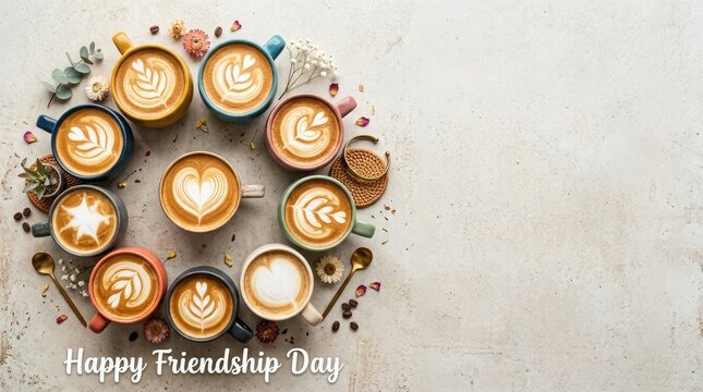 Diverse Latte Art Cups for Friendship Day Celebration with Copy Space