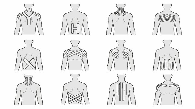 Kinesiology tape application diagrams for back and neck muscle support and pain relief.