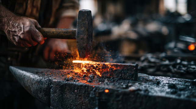 Blacksmith using hammer to forge red hot metal rod with blacksmith, craftsmanshi.