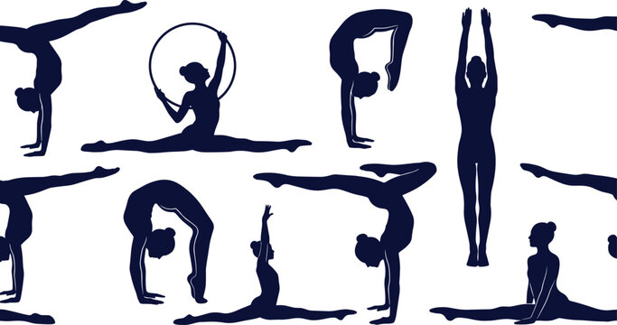 Graceful rhythmic gymnastics silhouette collection, female athletes performing acrobatic poses, splits, handstands, holding hoops, detailed vector illustration set for fitness, sport