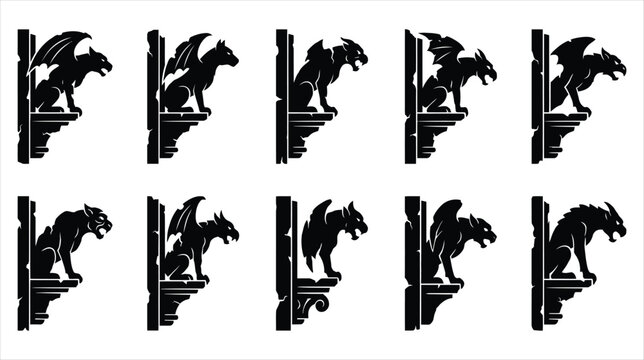 A set of 10 gothic gargoyle ledge ruins on a white background