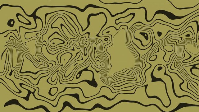 Topographic line map on olive background with dark wavy patterns suitable for travel brochures, art prints, geometric designs, websites.