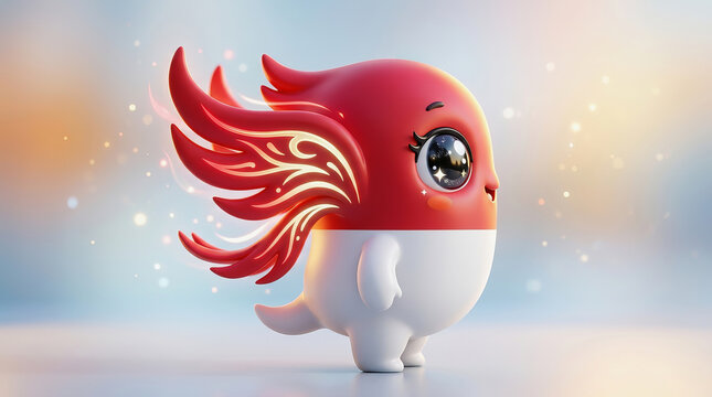 Cute mascot character with red and white body resembling Indonesian flag colors standing against soft bokeh background