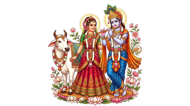Radha and krishna with a cow, divine indian mythological illustration isolated on transparent background