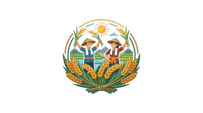 Asian Rice Farmers with Harvest Illustration