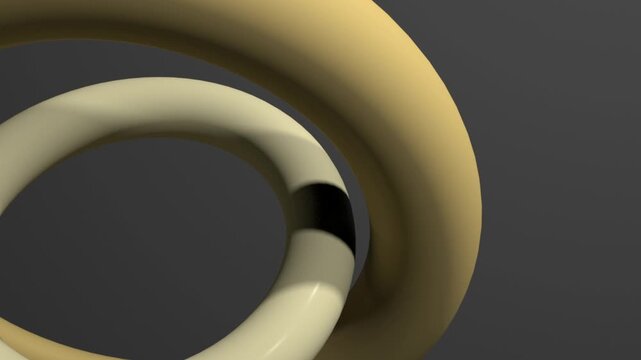 Abstract 3d looping animation of yellow and gray torus rings rotating on a neutral background.