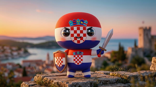 Cute mascot character wearing Croatia flag colors holding shield and sword on stone wall overlooking coastal city at sunset