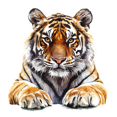 Obraz premium Tiger, beautiful watercolor illustration with vivid colors and detailed vector style, isolated on a white background.