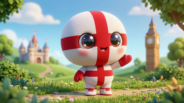 Cute mascot character wearing England flag colors stands on path with castle and Big Ben in background