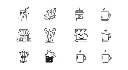 Fototapeta premium Coffee shop and cafe beverage preparation line icon set with beverage espresso caffeine isolated