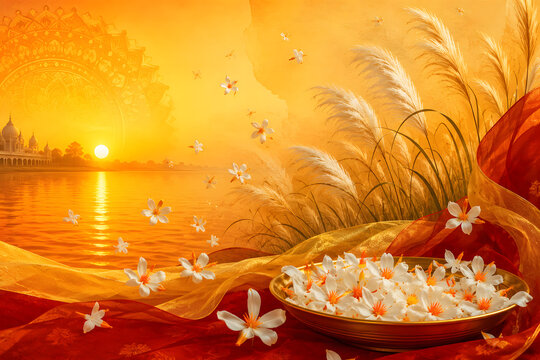 Golden Sunset Temple Landscape with Kash Flowers and Sacred White Blossoms