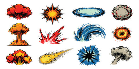 Set of colorful comic book explosion and action effect elements for graphic design © vintage style