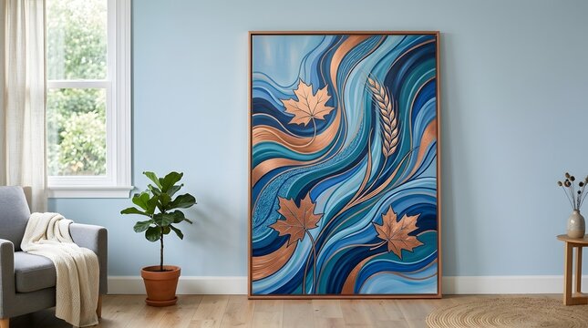 Modern copper leaf abstract art in calming blue tones