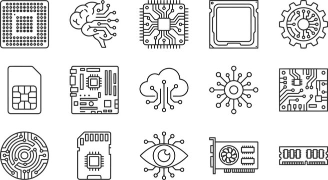 Computer hardware and motherboard component line icons for technical documentation