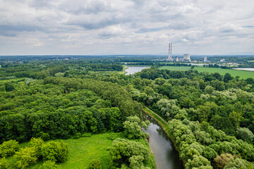 Dolina rzeki Olza, granica Polski i Czech na Górnym Śląsku. Panorama z lotu ptaka latem. © Franciszek