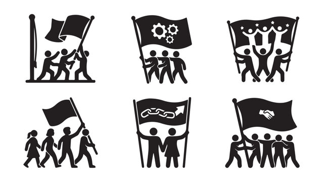 Set of six black and white icons depicting various protest themes with people holding flags