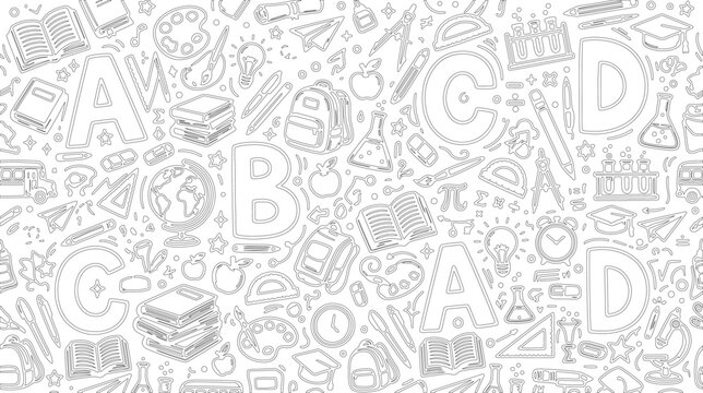 Seamless pattern with school supplies and education icons
