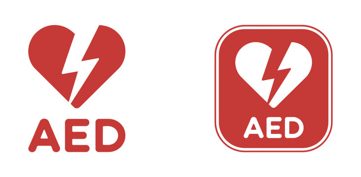 AED emergency medical icon banner, automated external defibrillator symbol with cardiac rescue equipment for healthcare safety and warning design.