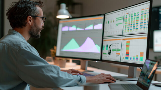 Man sitting at a desk in front of three computer monitors. he is wearing a blue shirt and glasses and appears to be focused on his work.