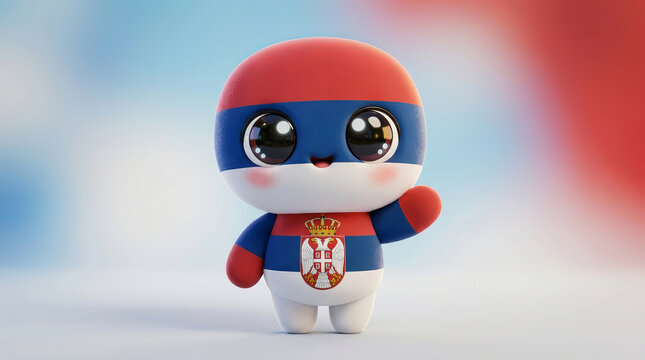 Cute mascot character wearing Serbia national team jersey and waving with friendly expression