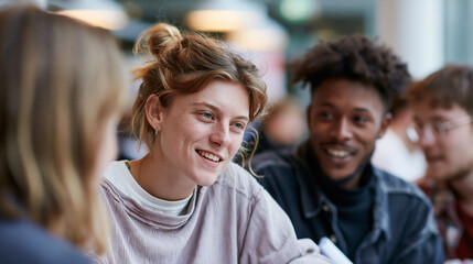 Obraz premium Group of young people sitting around a table in a cafe or restaurant. in the center of the image, there is a young woman with blonde hair tied up in a bun, smiling at the camera.