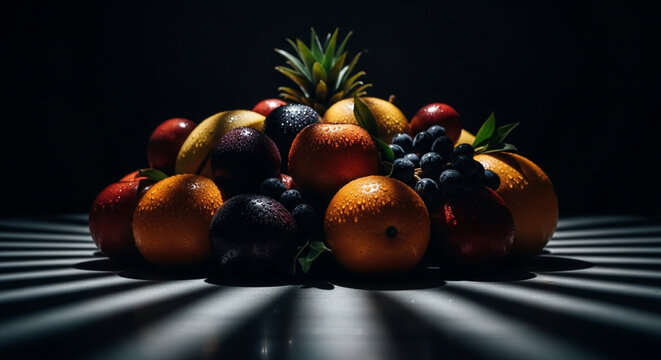 Assorted fresh fruits arranged on dark surface with dramatic spotlight lighting pineapple nutrition arrangement dramatic spotlight background composition