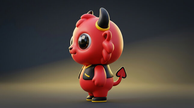 Cute red devil mascot with black horns and tail stands against dark background in digital render