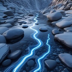 Obraz premium Crystal Mountain River with Futuristic Digital Data Flow