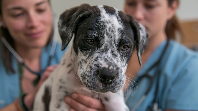 Close-up of a black and white great dane puppy being held by two veterinarians. the puppy is looking directly at the camera with a curious expression.