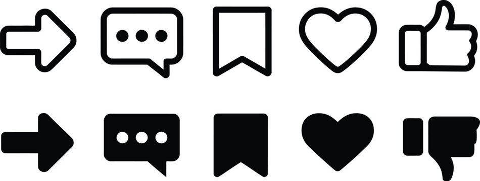 Social media interface line icons illustration set, generic like unlike comment share message bookmark and thumb symbols.