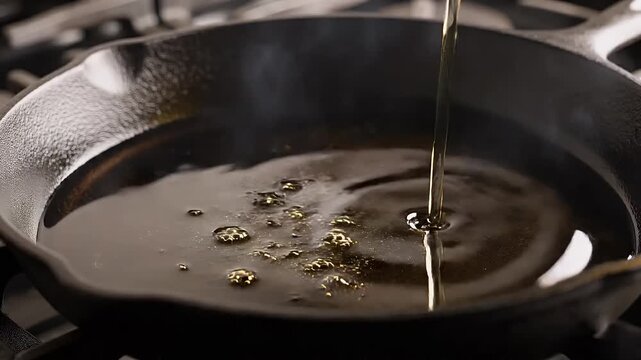 Cooking oil pouring into cast iron skillet, kitchen cooking essentials, frying pan on stovetop, culinary background