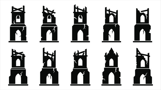 A set of 10 gothic bell tower ruins icons on a white background