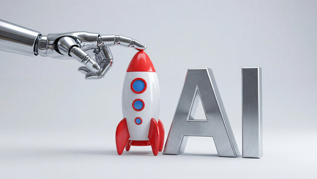 Robotic Hand Launching AI Rocket: A sleek, metallic robotic hand delicately places a red and white rocket, symbolizing artificial intelligence, on a clean, bright background.