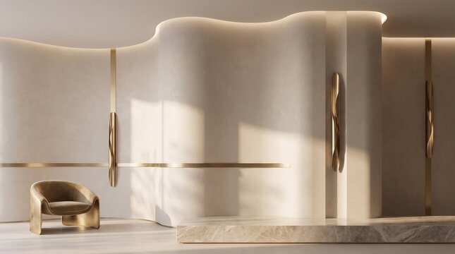 Luxurious minimalist interior design with curved beige walls, gold accents and modern armchair
