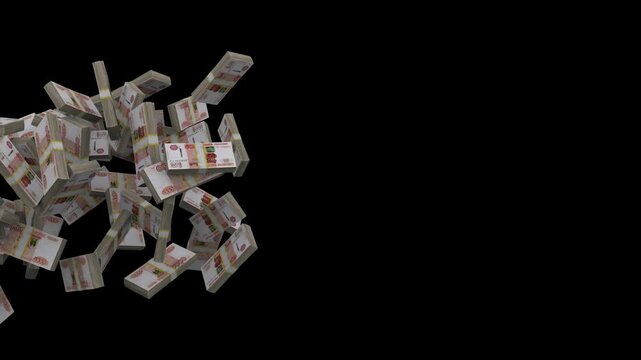 3D Animation of Rolling 5000 Russian Ruble Banknote Stacks Moving Across Black Background