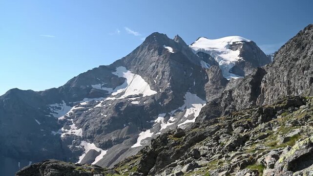 Aerial View of Snow-Capped Alpine Peaks and Glaciers in Bernina Massif, Diavolezza, Switzerland