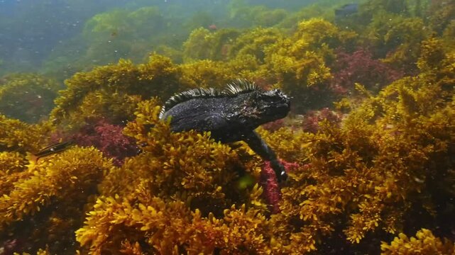 Marine Iguana Swimming Through Underwater Seaweed Habitat